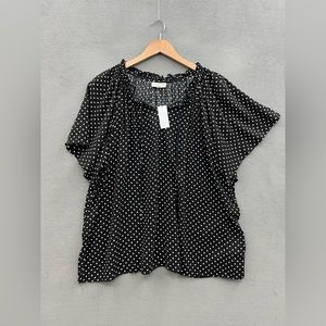 Studio B Women’s Plus Size 2X Tie Neck Flutter Sleeve Black White Polka Dot Top